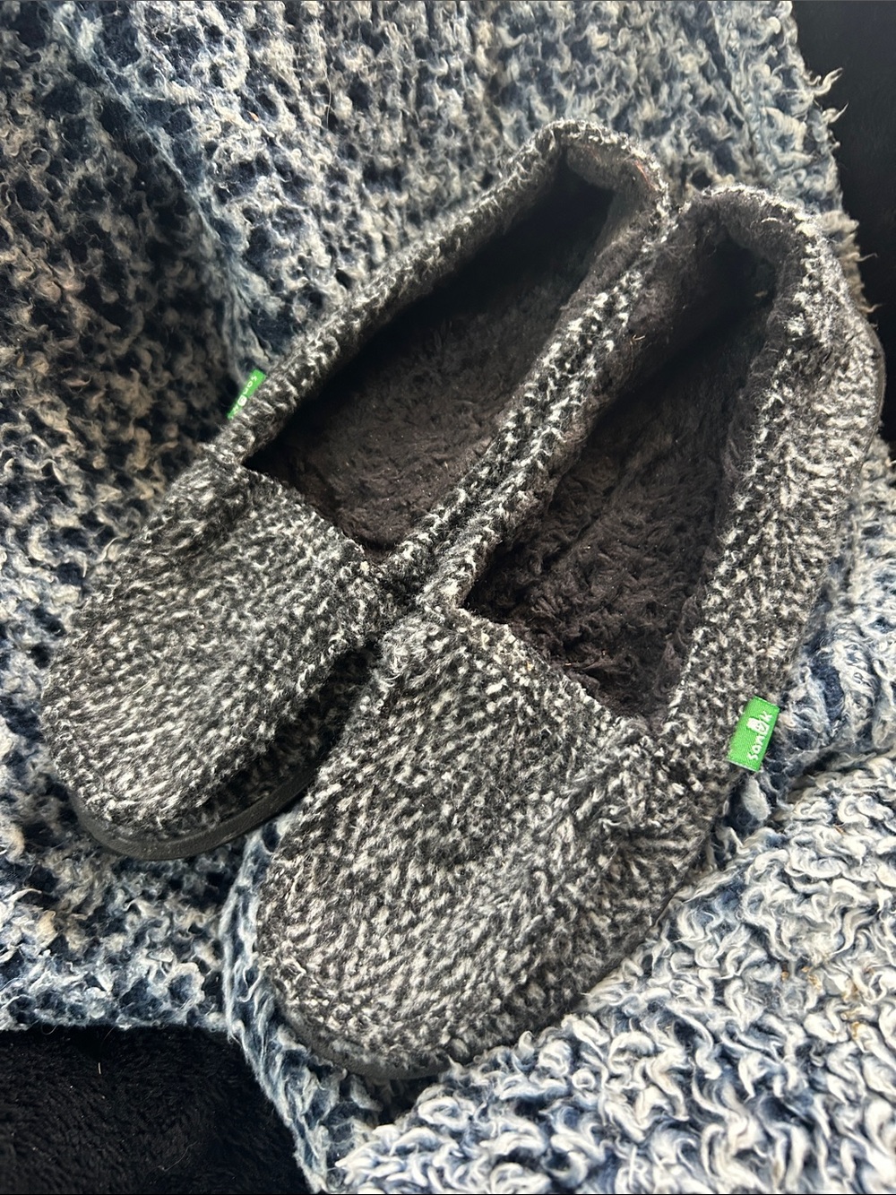 Sanuk Black and Gray Cozy Slip-On Slippers
